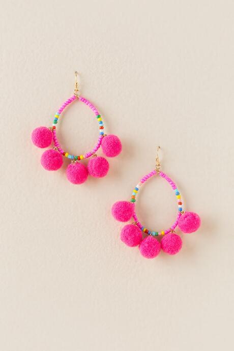 Francesca's Margot Bead Pom Hoop Earring - Neon Pink