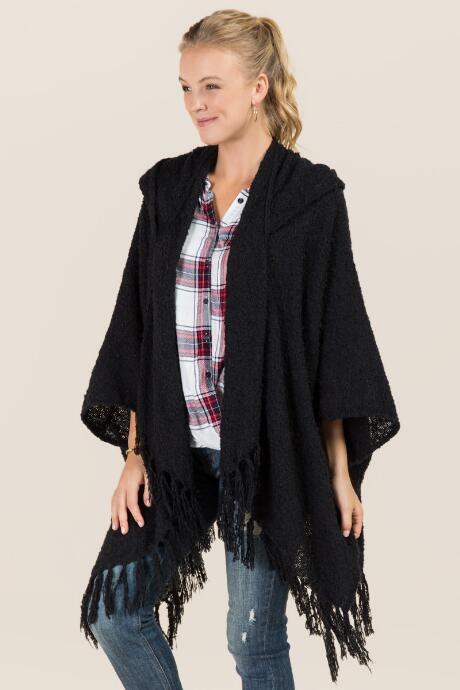 Francesca's Felicia Hooded Tassel Ruana - Black