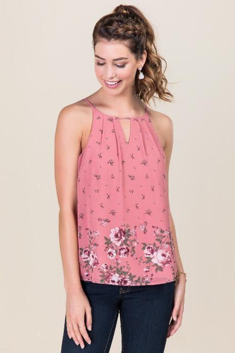 Blue Rain Hermine Floral Border Print Tank - Rose