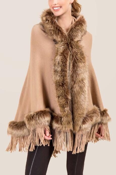 Francesca's Vera Fur Trim Ruana - Camel