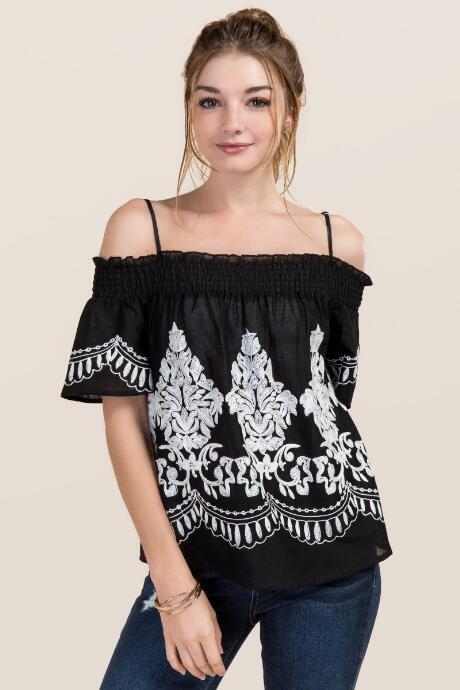 Blue Rain Carson Cold Shoulder Embroidered Top - Black