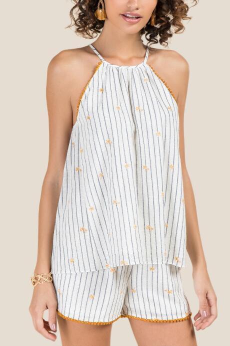 Francesca Inchess Idika High Neck Palm Striped Tank - White