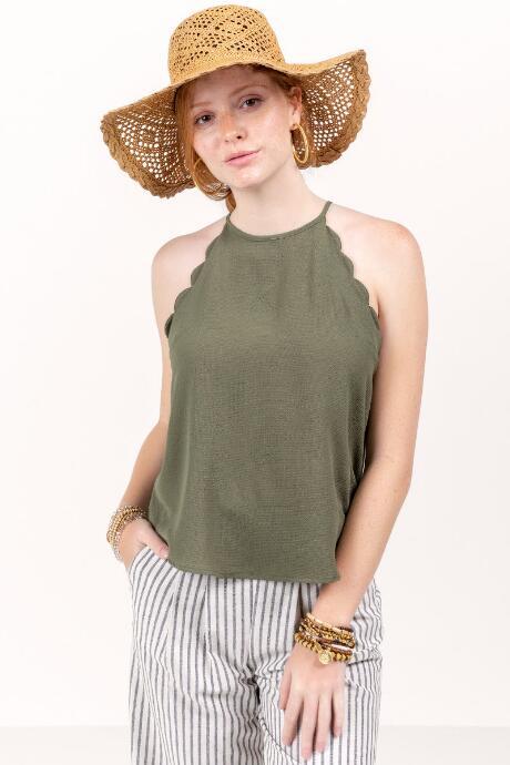 Francesca's Louisa Scalloped High Neck Top - Olive