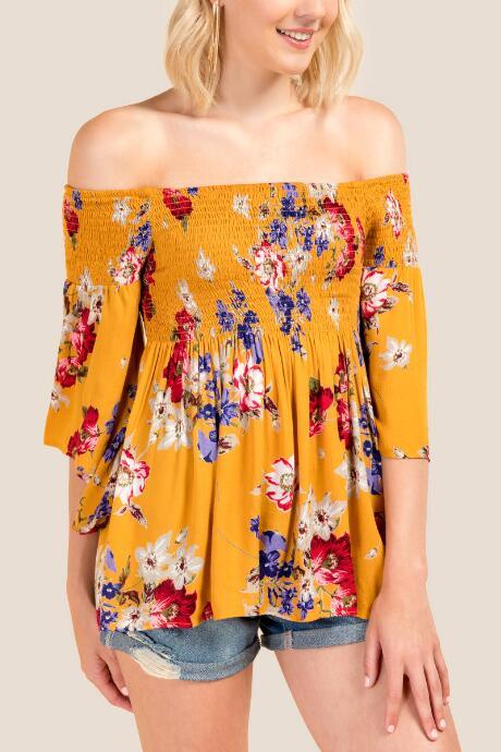 Francesca Inchess Flora Off The Shoulder Floral Smocked Blouse - Marigold