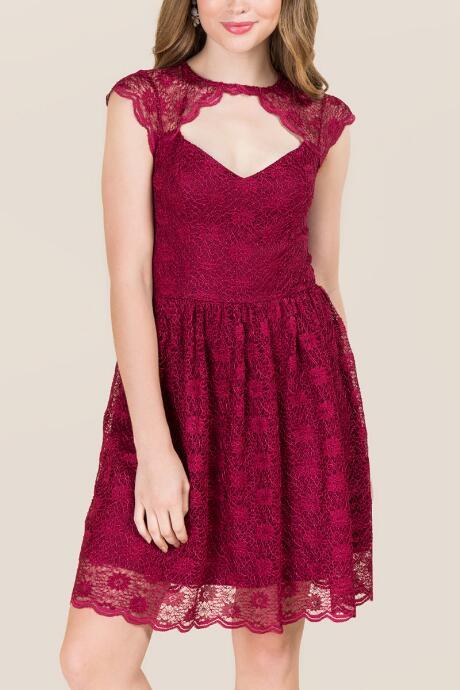 Francescas Gillian Cap Sleeve Lace A-line Dress - Burgundy