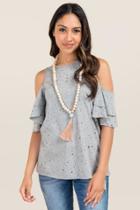 Alya Nerys Double Ruffle Cold Shoulder Distressed Knit Tee - Heather Gray