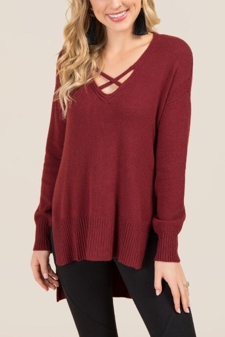 Francesca's Verena Lattice Neck Pullover Sweater - Burgundy