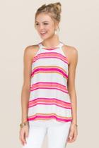 Blue Rain Hadley Neon Stripe High Neck Halter Tank - Neon Pink