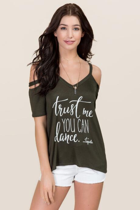 Alya Trust Me Cold Shoulder Graphic Tee - Dark Olive
