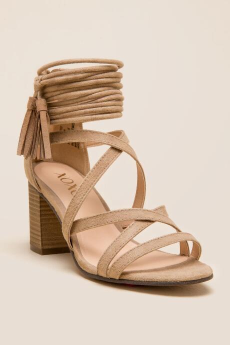 Xoxo Elle Strappy Tassel Block Heel - Beige