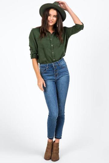 Francesca's Harper Heritage Button Closure Skinny Jeans - Medium Wash