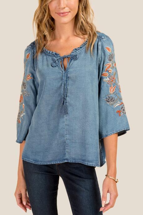 Francesca's Alexa Denim Embroidered Top - Chambray