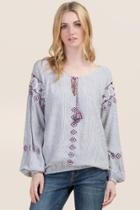Blue Rain Carla Striped Tribal Embroidered Top - Ivory