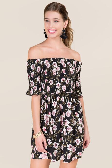 Blue Rain Rochelle Smocked Off Shoulder Floral Dress - Black