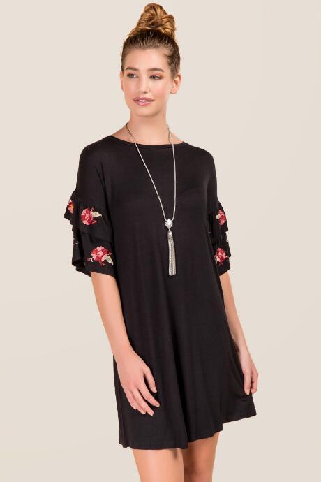 Alya Shelbey Embroidered Ruffle Sleeve Knit Dress - Black