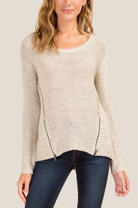 Francesca's Vanessa Crew Neck Zip Sweater - Taupe