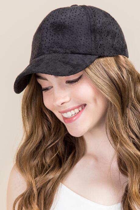 Francesca's Ebony Floral Perforated Suede Baseball Cap - Black