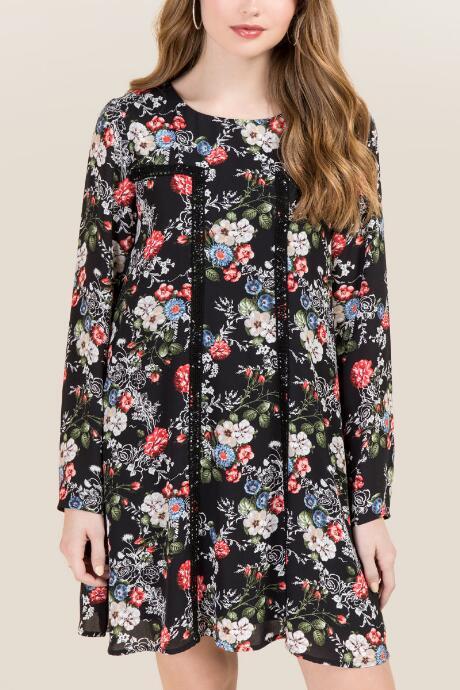 Blue Rain Aubriana Floral Crochet Trim Shift Dress - Black