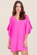 Mi Ami Tori V Neck Ruffle Sleeve Dress - Neon Pink