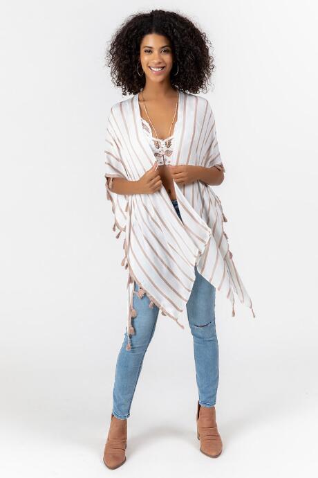 Francesca's Catalina Striped Poncho - Beige