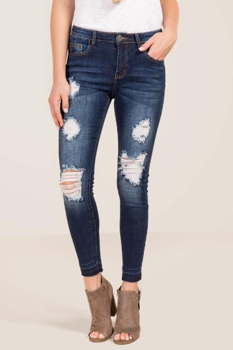 Francesca's Harper Destructed Release Hem Jeans - Dark