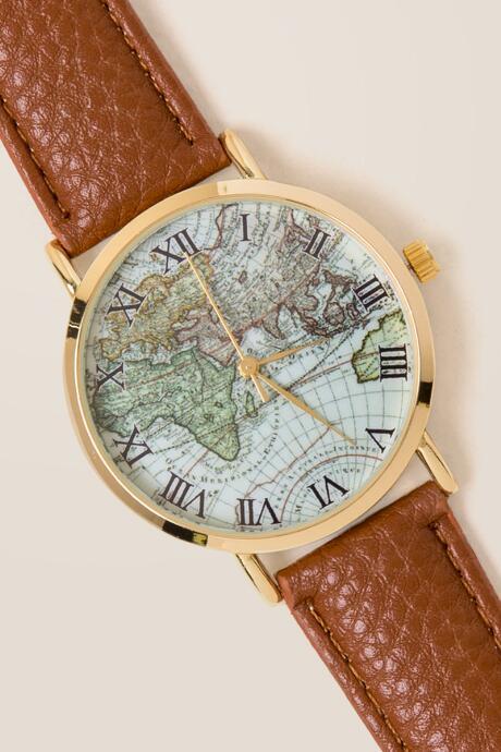 Francesca's Bridgette World Map Watch - Cognac