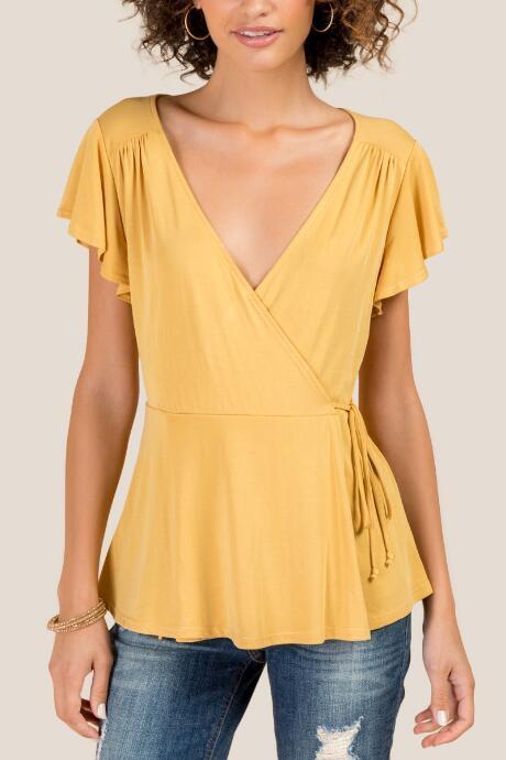 Francesca's Arie Flutter Sleeve Wrap Top - Marigold
