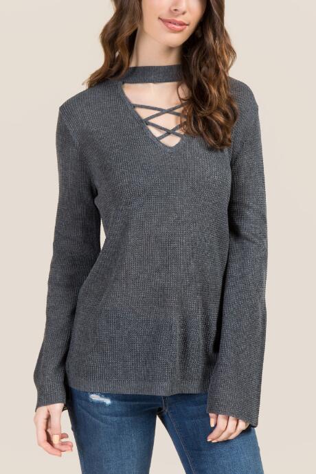 Francesca's Clarice Choker Lattice Sweater - Heather Gray