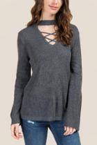 Francesca's Clarice Choker Lattice Sweater - Heather Gray