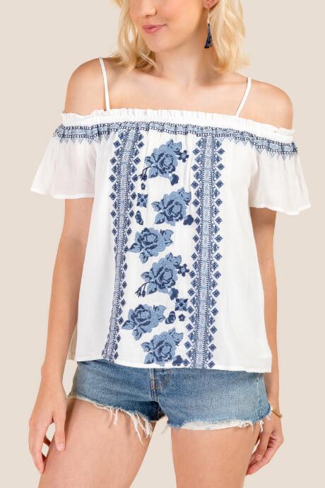 Francesca's Millie Cold Shoulder Embroidered Top - White