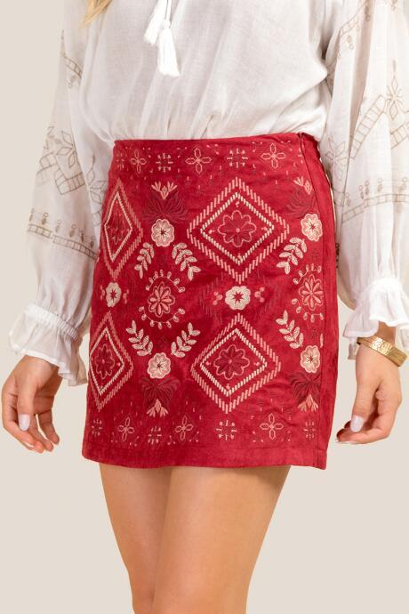 Francesca's Laurel Embroidered Faux Suede Skirt - Brick