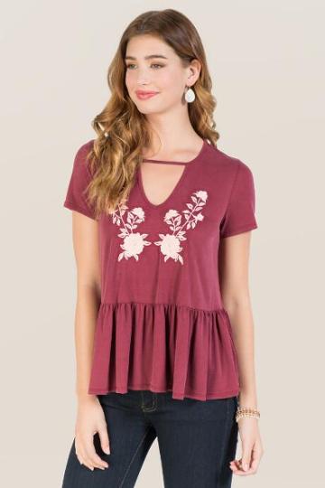 Teenplo Abi Embroidered Gigi Drop Waist Peplum Blouse - Burgundy