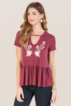 Teenplo Abi Embroidered Gigi Drop Waist Peplum Blouse - Burgundy