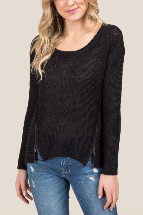 Francesca's Rocco High Low Zipper Sweater - Black