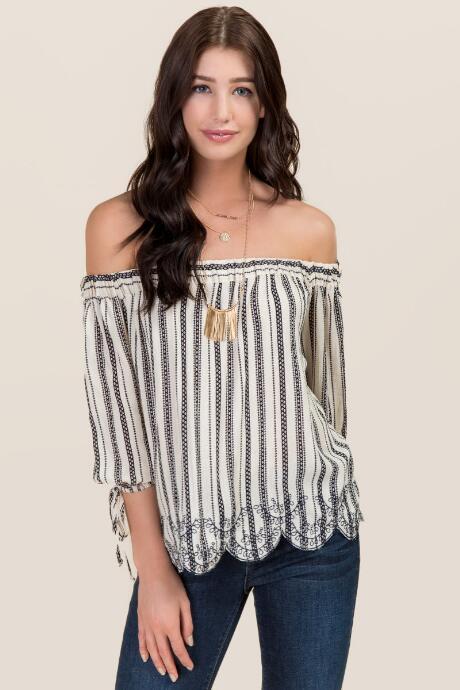Blue Rain Delany Striped Embroidered Off The Shoulder Top - Natural