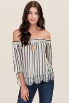 Blue Rain Delany Striped Embroidered Off The Shoulder Top - Natural