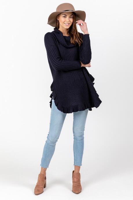 Francesca's Liz Ruffle Hem Poncho - Navy