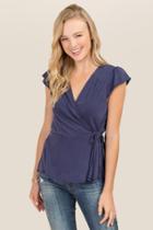 Francesca's Emily Flutter Sleeve Wrap Cupro Top - Navy