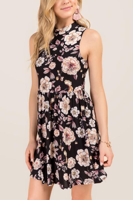 Francesca's Portia Floral Open Back Knit Dress - Black