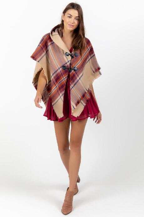 Francesca's Audrey Plaid Poncho - Tan