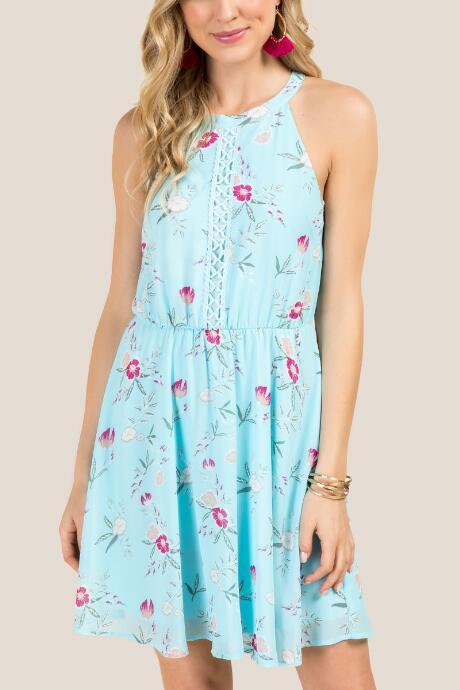 Francesca's Coco Floral Ladder Trim A-line Dress - Light Blue