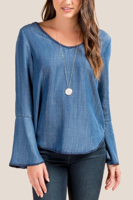 Francesca Inchess Rose Bell Sleeve Embroidered Blouse - Chambray