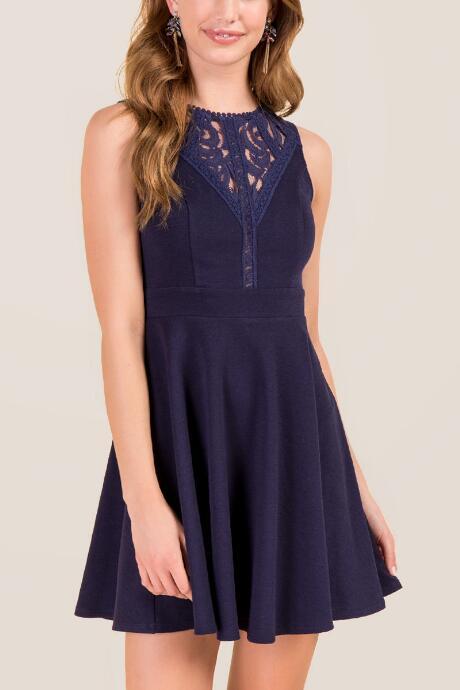 Francesca's Donna Crochet Neck A-line Dress - Navy