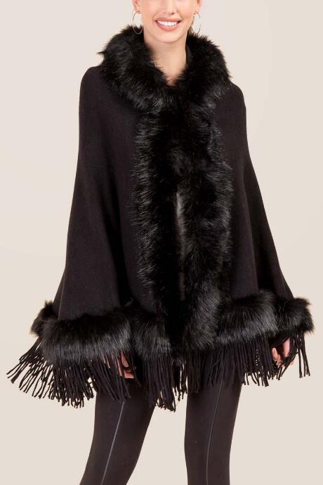 Francesca's Vera Fur Trim Ruana - Black