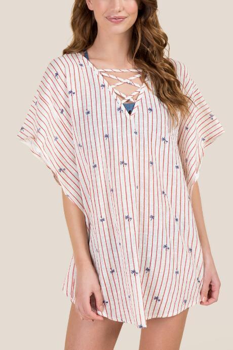 Francesca's Helena Palm Pom Trim Swim Cover-up - Red