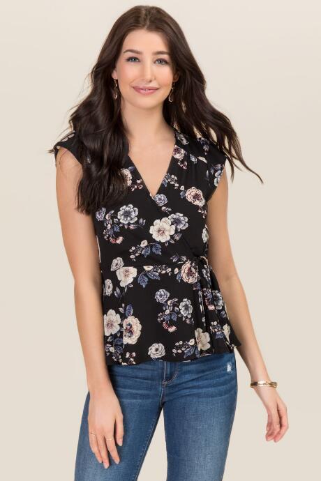Francesca's Milena Floral Wrap Top - Black