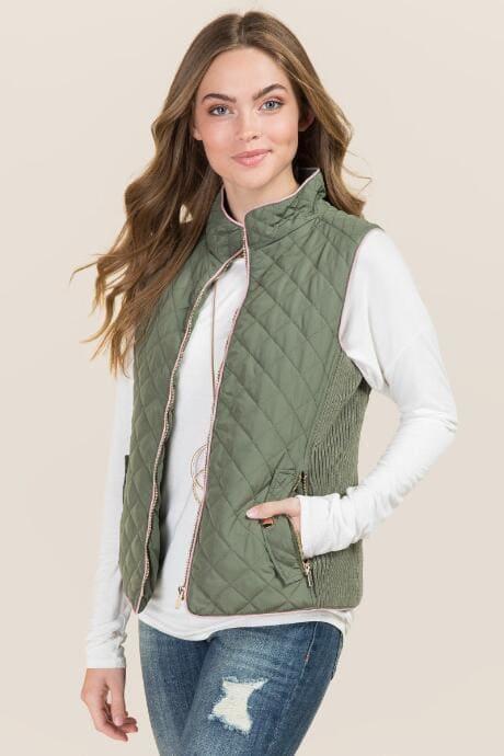 Mi Ami Leela Contrast Piping Puffer Vest - Olive