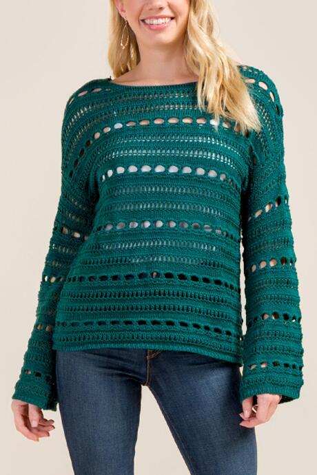 Francesca's Hani Pointelle Cropped Sweater - Forest