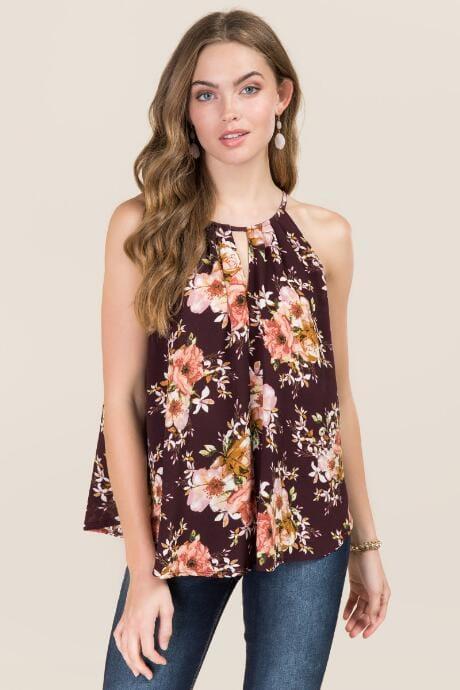Lets Go Apparel, Inc. Nikki High Neck Key Hole Floral Tank - Purple