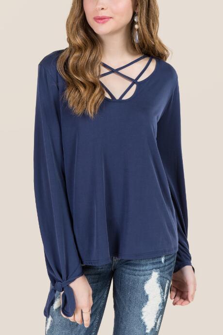 Francesca's Gisele Lattice Tie Sleeve Tee - Navy